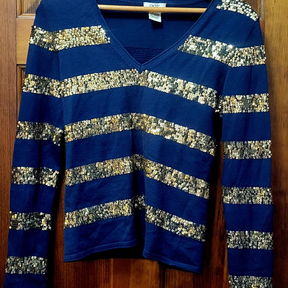 Chic Navy and Gold Sequin Striped Top